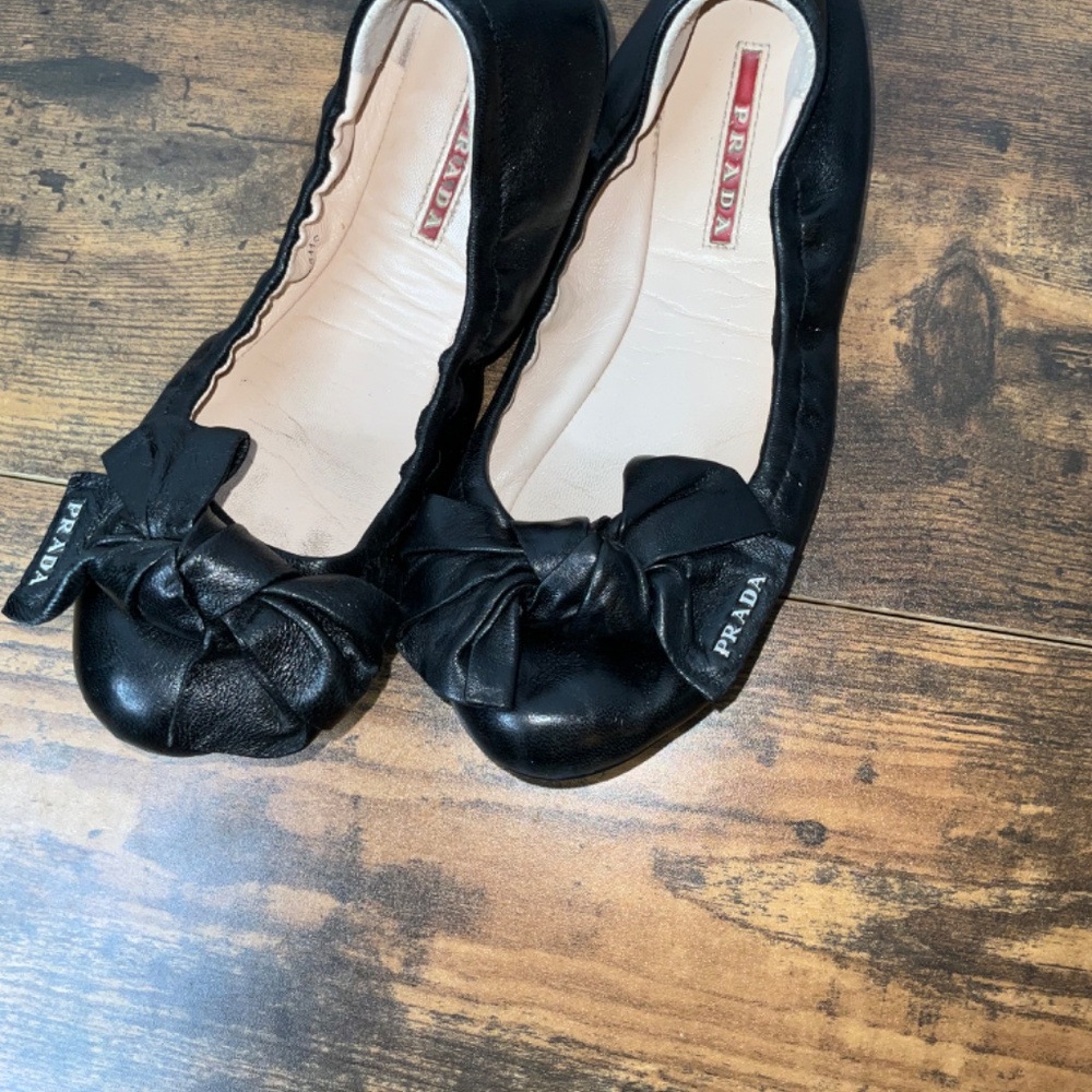 Prada Black Leather Bow Ballet Flats - Picture 10 of 12